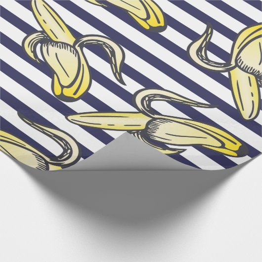 濃紺のストライプのかわいいバナナのイラストレーション ラッピングペーパー (角)