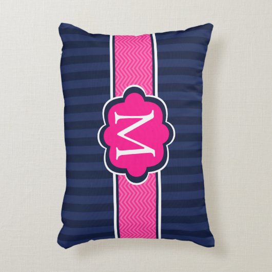 濃紺のストライプのショッキングピンクのカスタムのモノグラム アクセントクッション (正面(垂直))