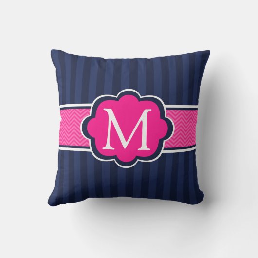 濃紺のストライプのショッキングピンクのカスタムのモノグラム クッション (裏面)
