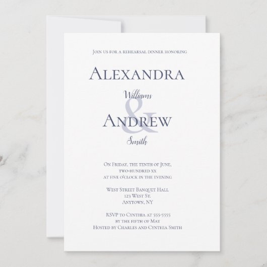 濃紺のタイポグラフィのリハーサルの夕食の招待状 招待状 (正面)
