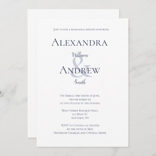 濃紺のタイポグラフィのリハーサルの夕食の招待状 招待状 (正面/裏面)