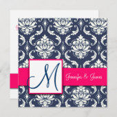 濃紺のダマスク織のモノグラムの招待状のショッキングピンク 招待状 (正面/裏面)