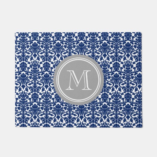 濃紺のダマスク織の灰色のモノグラムの玄関マット ドアマット (正面)