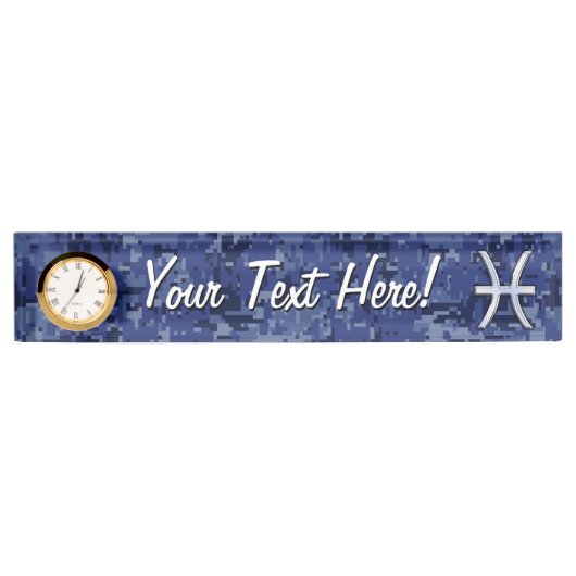 濃紺のデジタルカムフラージュの魚類の(占星術の)十二宮図の印 デスクネームプレート (正面)