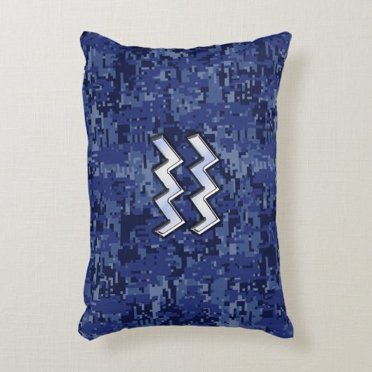 濃紺のデジタル迷彩柄のアクエリアスの(占星術の)十二宮図の記号 アクセントクッション (正面(垂直))