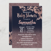 濃紺のバラの金ゴールドのグリッターの花のベビーシャワー 招待状 (正面/裏面)