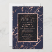 濃紺のバラの金ゴールドフレームの大理石の結婚式 招待状 (正面)