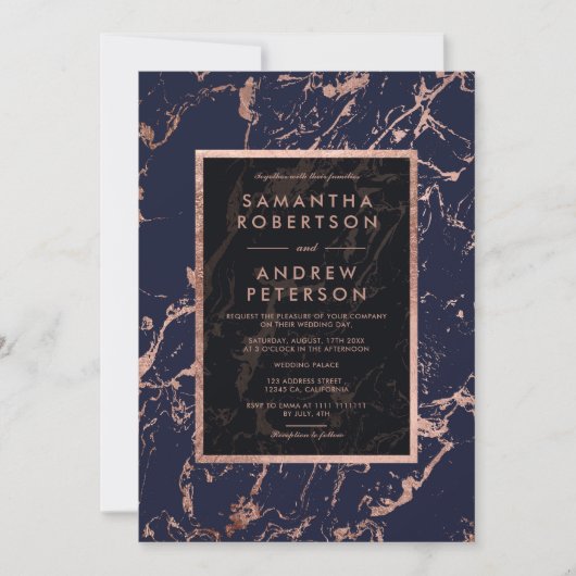 濃紺のバラの金ゴールドフレームの大理石の結婚式 招待状 (正面)