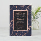 濃紺のバラの金ゴールドフレームの大理石の結婚式 招待状 (スタンド正面)