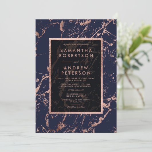 濃紺のバラの金ゴールドフレームの大理石の結婚式 招待状 (スタンド正面)