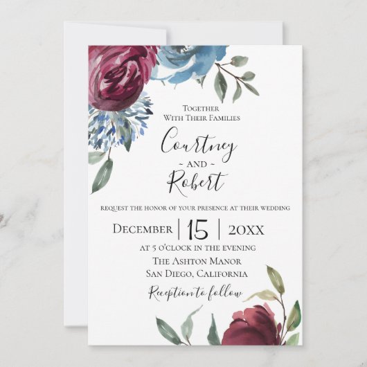 濃紺のバーガンディの植物の結婚式招待状 招待状 (正面)