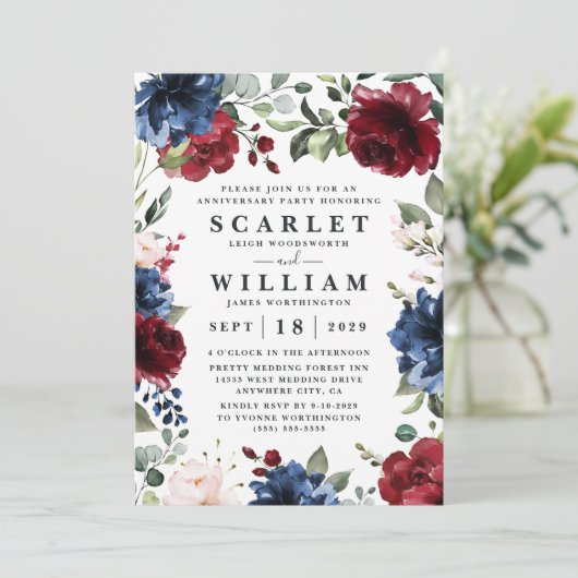 濃紺のバーガンディの赤面のピンクの記念パーティー 招待状 (スタンド正面)