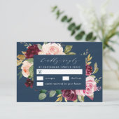 濃紺のバーガンディの金ゴールドの赤面のピンクの花の結婚式 出欠カード (スタンド正面)