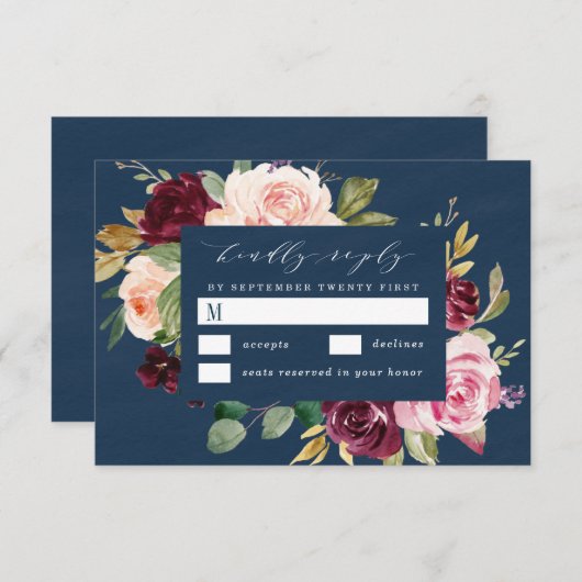 濃紺のバーガンディの金ゴールドの赤面のピンクの花の結婚式 出欠カード (正面/裏面)