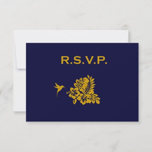 濃紺のパスポートのハイビスカスの結婚式の応答RSVP 出欠カード (正面)