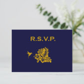 濃紺のパスポートのハイビスカスの結婚式の応答RSVP 出欠カード (スタンド正面)