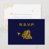 濃紺のパスポートのハイビスカスの結婚式の応答RSVP 出欠カード (正面/裏面)