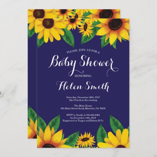 濃紺のヒマワリのベビーシャワーの招待状 招待状 (正面/裏面)