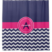 濃紺のピンクのシェブロン シャワーカーテン (正面)