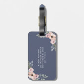 濃紺のピンクの水彩画の花柄そしてモノグラム ラゲッジタグ (裏面縦)