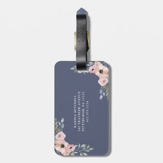 濃紺のピンクの水彩画の花柄そしてモノグラム ラゲッジタグ (裏面縦)