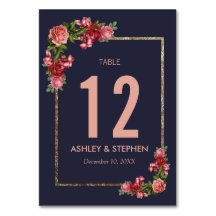 濃紺のピンクの花の金ゴールドのテーブル数