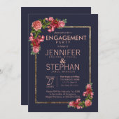 濃紺のピンクの花の金ゴールドの婚約パーティ 招待状 (正面/裏面)