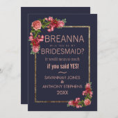 濃紺のピンクの花の金ゴールドの新婦付添人 招待状 (正面/裏面)