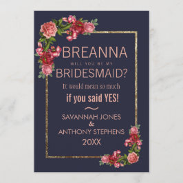 濃紺のピンクの花の金ゴールドの新婦付添人 招待状