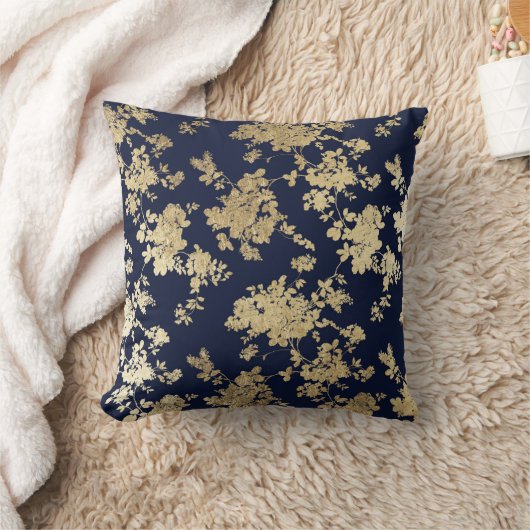 濃紺のフェイクな金ゴールドのぼろぼろのヴィンテージの上品の花柄 クッション (ブランケット)