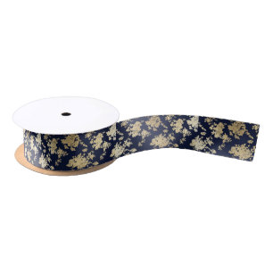 濃紺のフェイクな金ゴールドのぼろぼろのヴィンテージの上品の花柄 サテンリボン