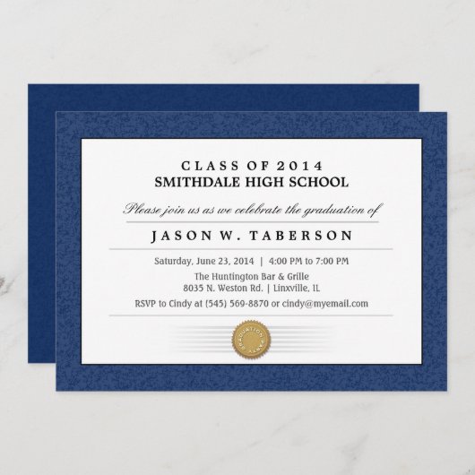 濃紺のボーダー免状の卒業の招待状 招待状 (正面/裏面)
