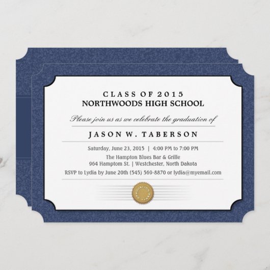 濃紺のボーダー免状の卒業の招待状 招待状 (正面/裏面)