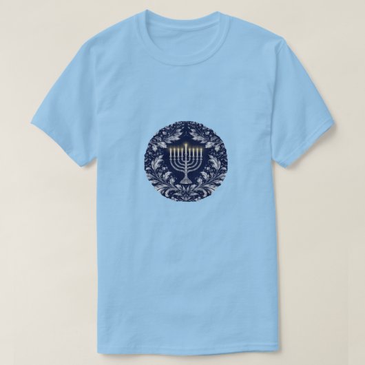 濃紺のメノラー、ウィリアム・モリス柄 Tシャツ (デザイン正面)