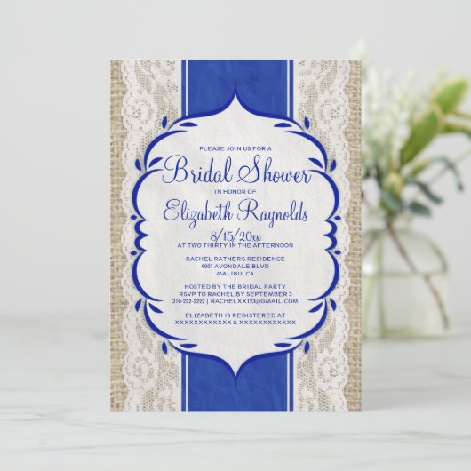 濃紺のリネンバーラップのレースのブライダルシャワーの招待 招待状 (スタンド正面)