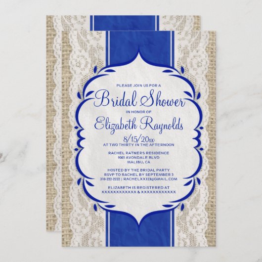 濃紺のリネンバーラップのレースのブライダルシャワーの招待 招待状 (正面/裏面)