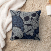 濃紺のレトロのスタイルのペイズリーのスカル クッション (ブランケット)