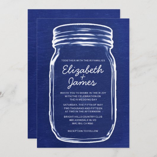 濃紺のヴィンテージのメーソンジャーの結婚式招待状 招待状 (正面/裏面)