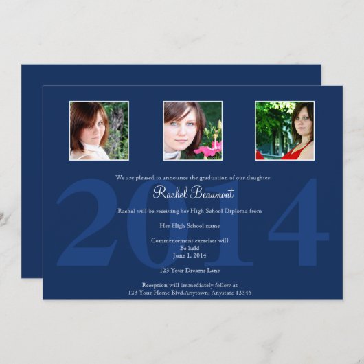 濃紺の写真の卒業の発表 招待状 (正面/裏面)