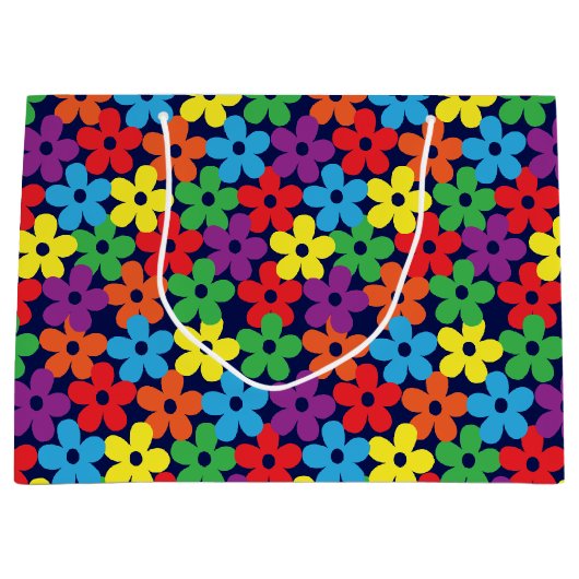 濃紺の大きいギフトバッグのカラフルな花 ラージペーパーバッグ (正面)