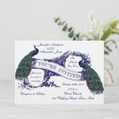 濃紺の孔雀のヴィンテージの結婚 招待状 (スタンド正面)