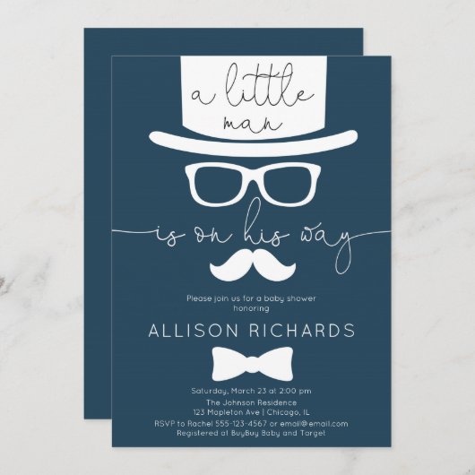 濃紺の小さい人の男の子のベビーシャワー 招待状 (正面/裏面)
