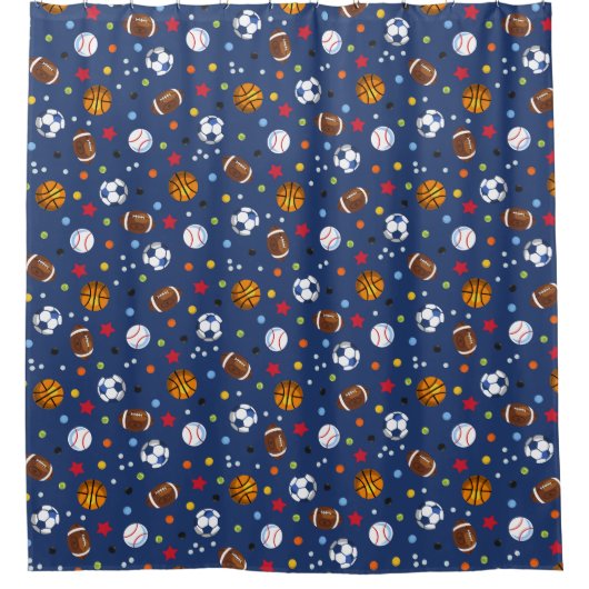濃紺の数々のなスポーツの球によって印刷されるシャワーCurtai シャワーカーテン (正面)