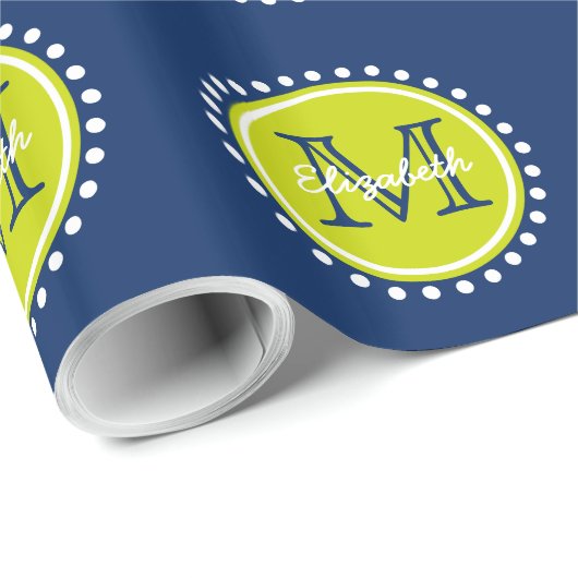 濃紺の明るいライムグリーンの水玉模様のモノグラム ラッピングペーパー (ロールコーナー)