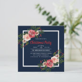 濃紺の水彩画の花のクリスマス・パーティ 招待状 (スタンド正面)
