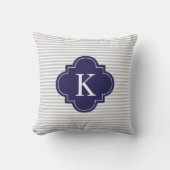 濃紺の灰色のストライプのクローバーのモノグラム クッション (正面)