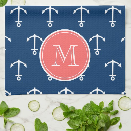 濃紺の白いいかりパターン、珊瑚のモノグラム キッチンタオル (折り畳み)