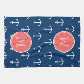 濃紺の白いいかりパターン、珊瑚のモノグラム キッチンタオル (横)