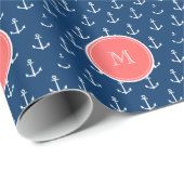 濃紺の白いいかりパターン、珊瑚のモノグラム ラッピングペーパー (ロールコーナー)