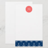 濃紺の白いいかりパターン、珊瑚のモノグラム 便箋 (正面/裏面)